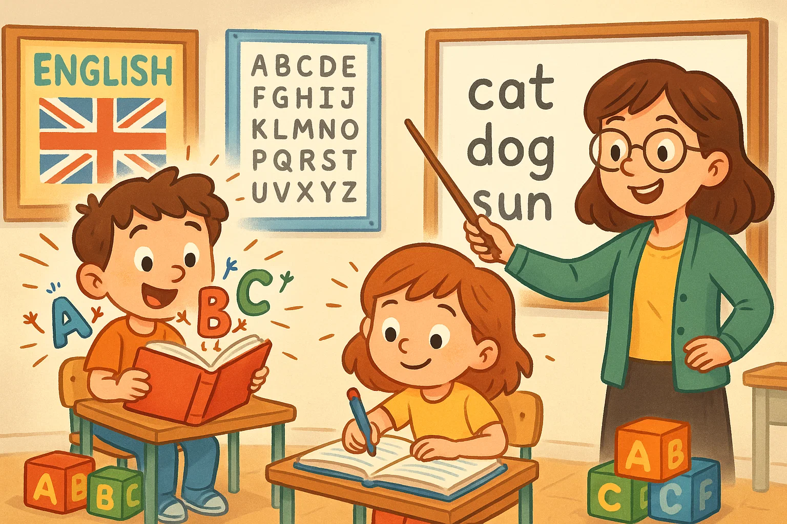 English year 1 lesson cartoon with children reading and writing.