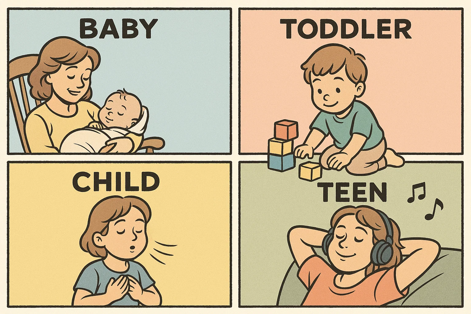 Cartoon of everyday calming tips for kids of different age groups doing peaceful play.