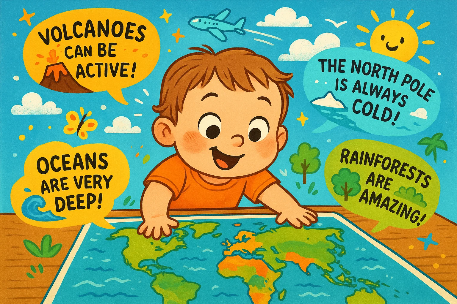 3-year-old child looking at world map with fun facts about the planet and wonders.