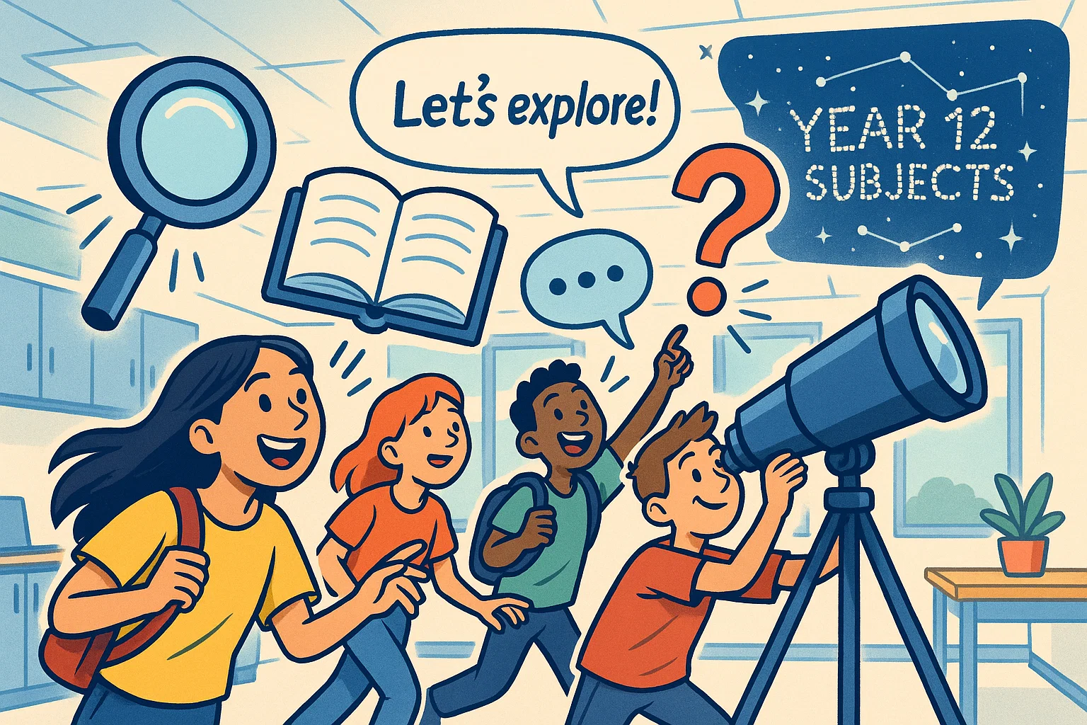 Cartoon explore year 12 topic with study icons and discovery elements.
