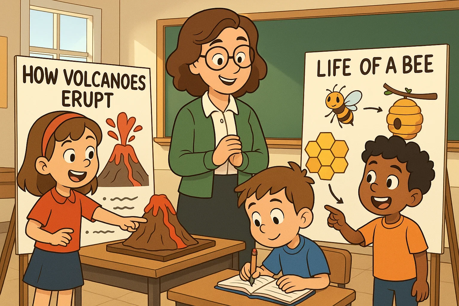 Fourth grade students explaining ideas with expository writing prompts.