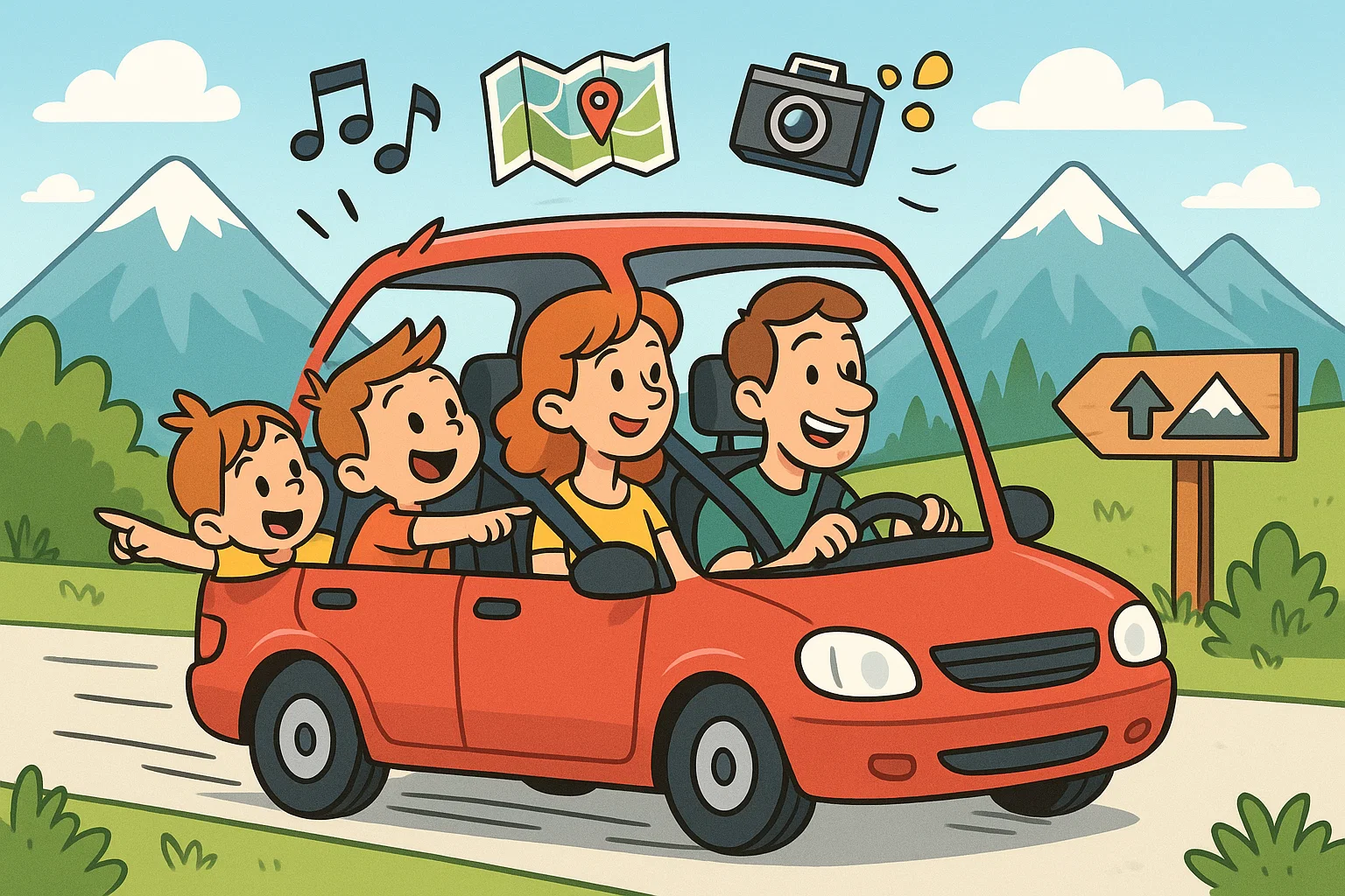 Cartoon family enjoying long car trip with relaxed parents and happy kids.