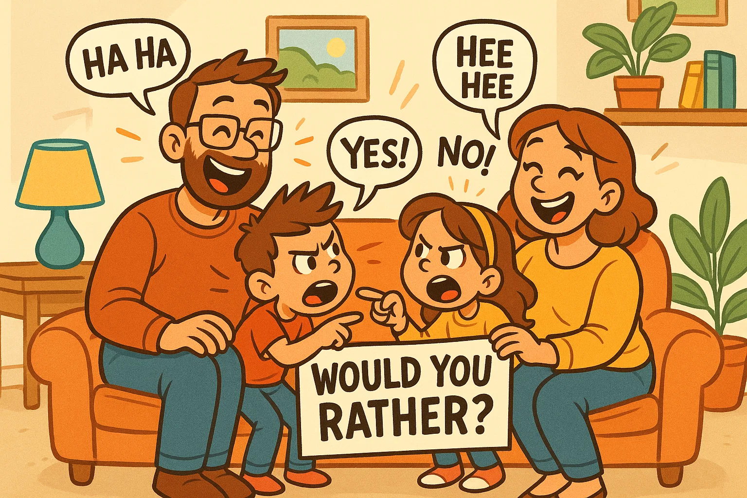 Family playing a family would you rather kids edition game on the sofa.
