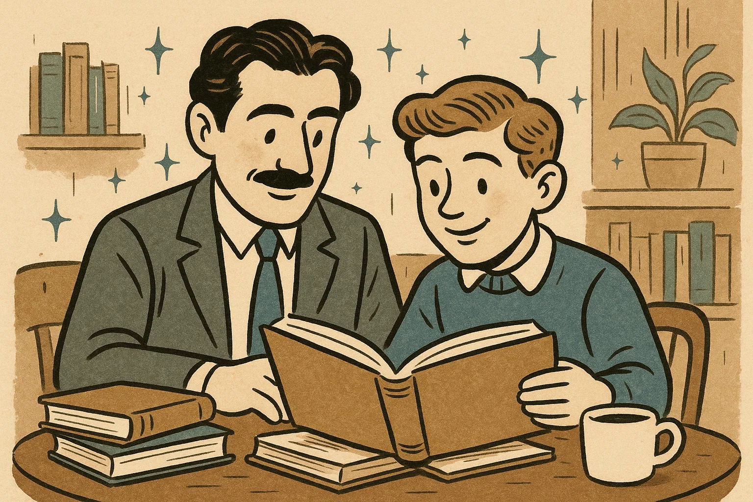 Brothers reading books together symbolizing thoughtful brother love and wisdom.