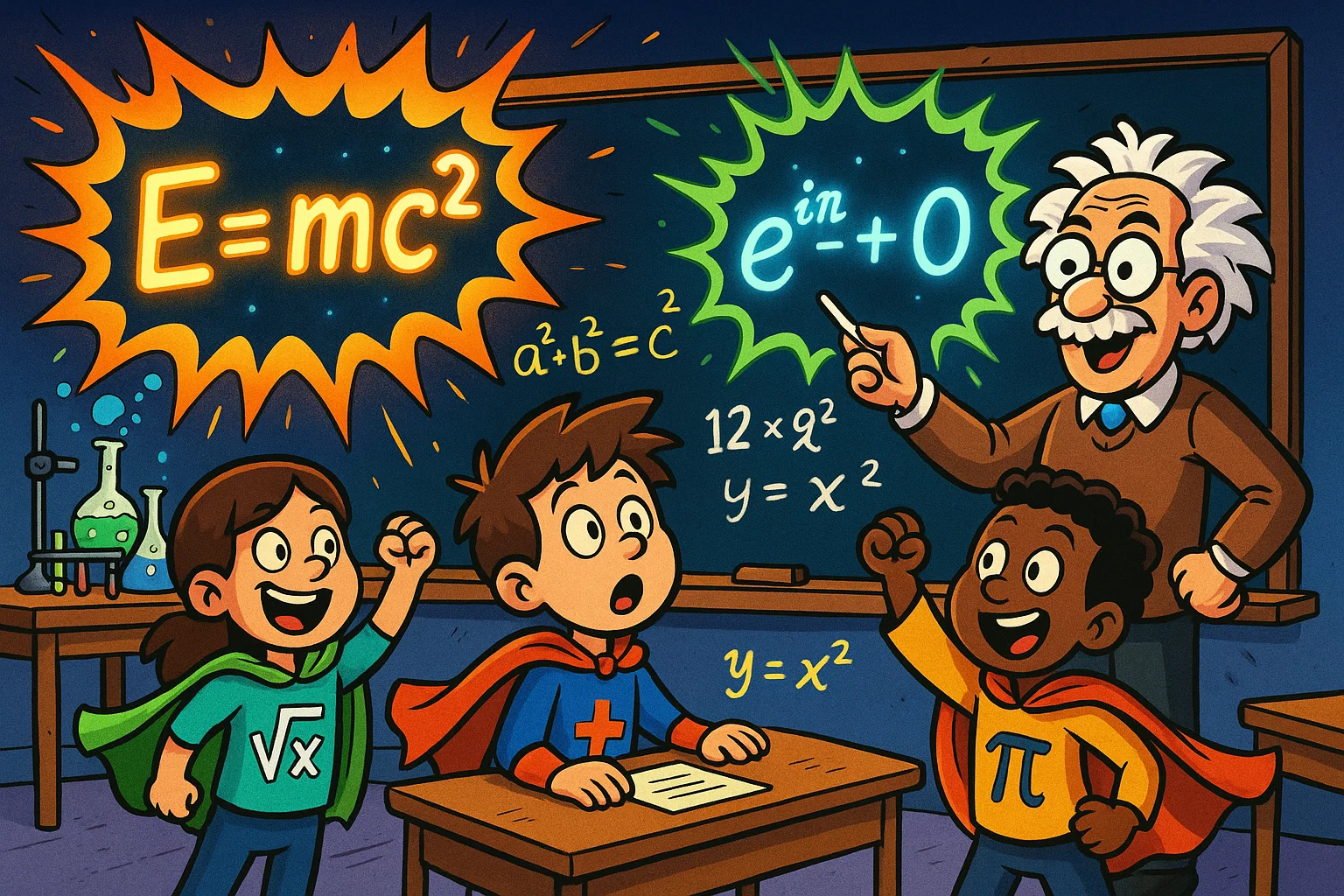 Cartoon of classroom glowing with famous equations that changed the world.