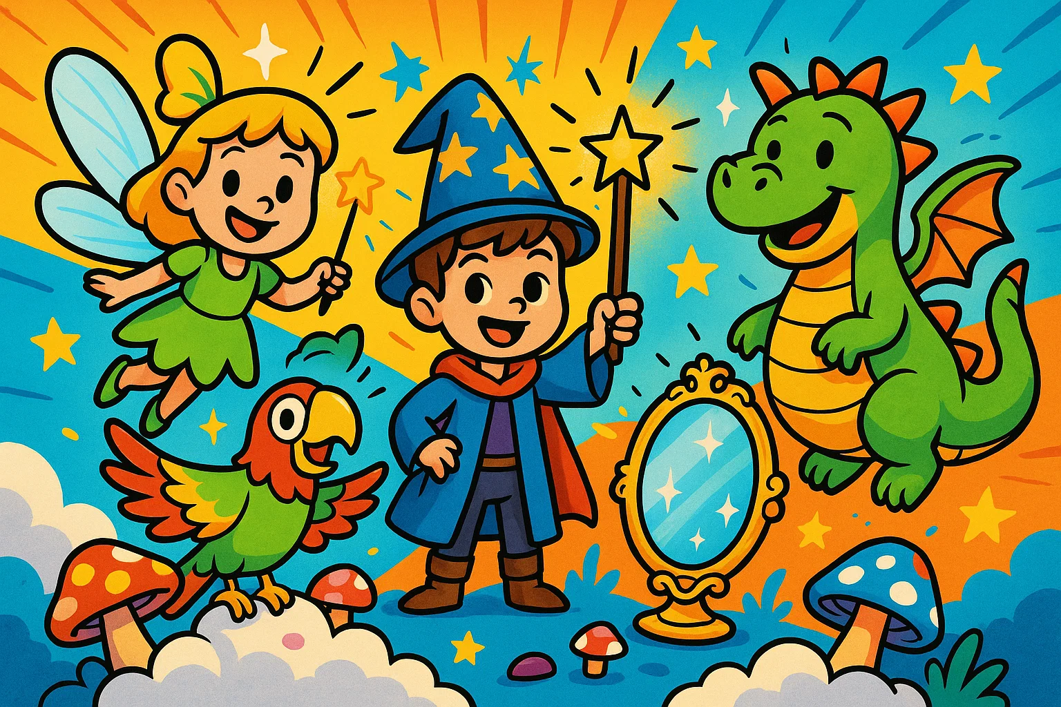 Playful drawing of famous magical characters children love from fantasy stories.