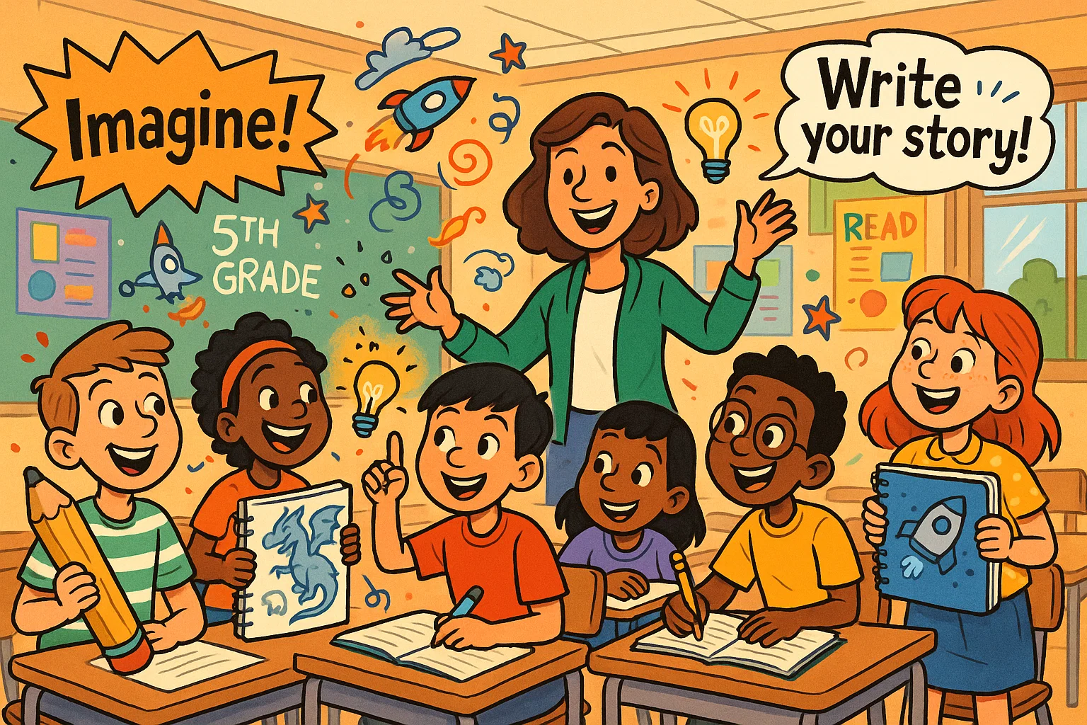 Fifth graders in classroom creating writing prompts and sharing creative story ideas.