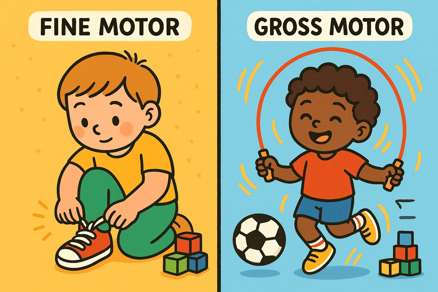 Fine and gross motor skills with kids tying shoelaces and playing ball.