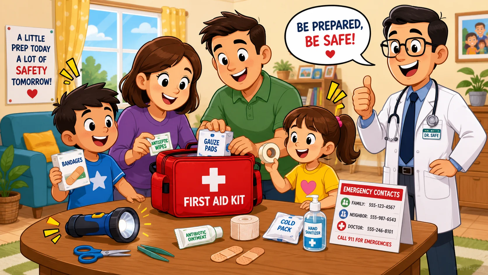 Family prepares first aid kit for home emergency preparedness.