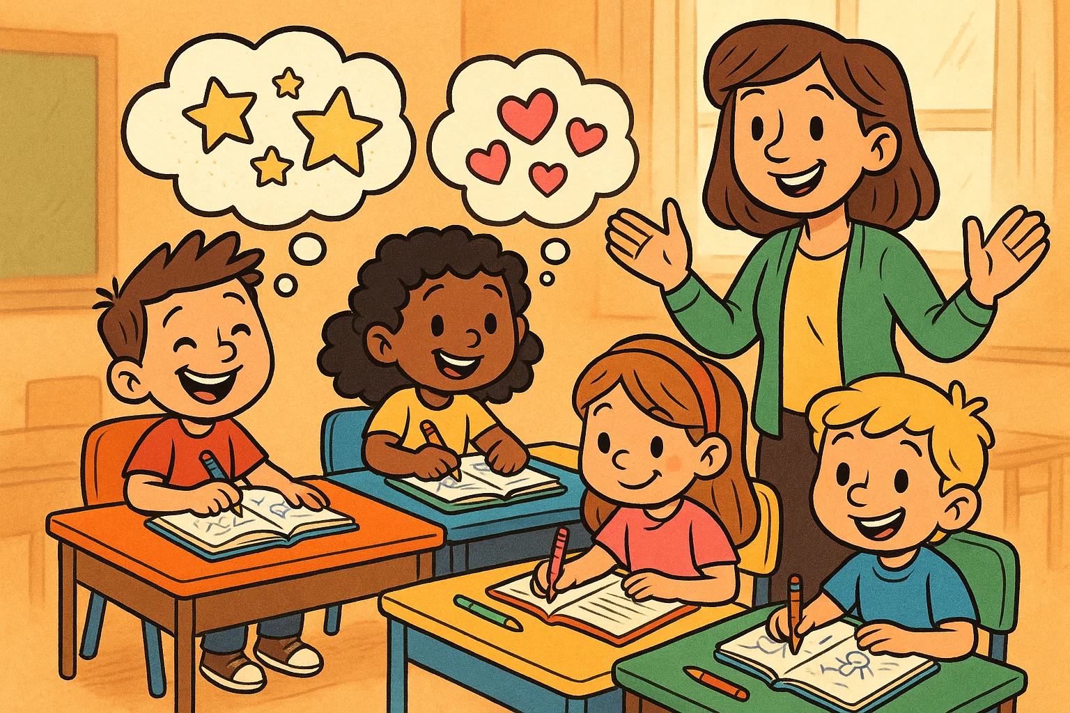 First grade writing prompts classroom cartoon showing kids writing creative stories.