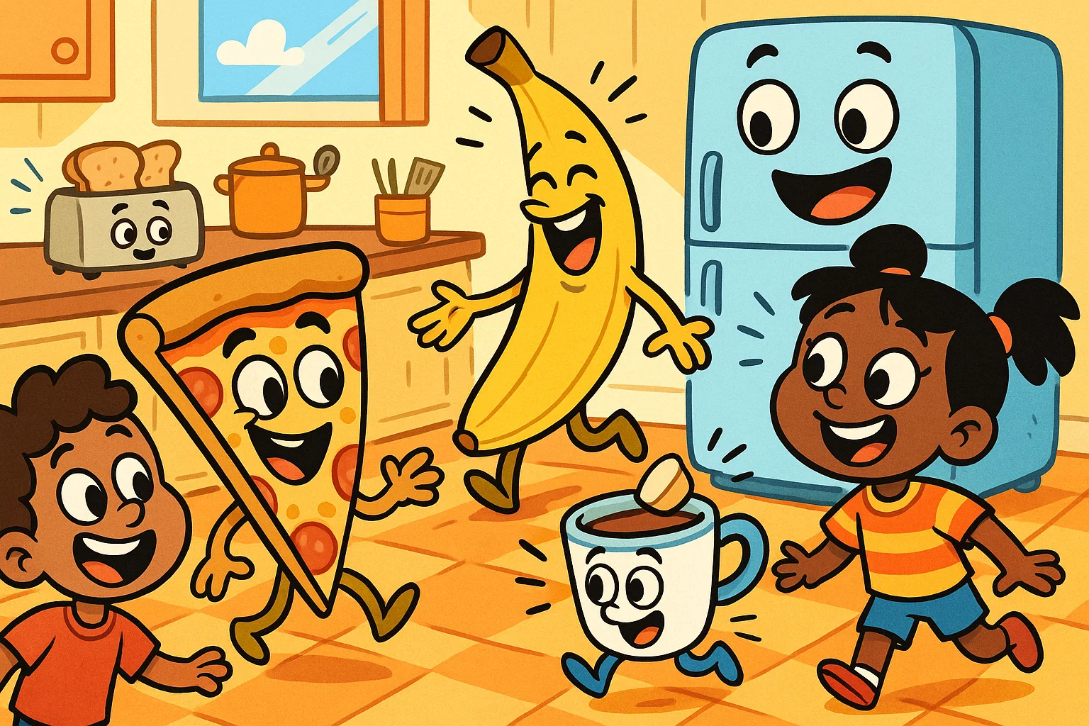 Kids enjoy food fun facts with cartoon pizza, bananas, and playful kitchen scenes.