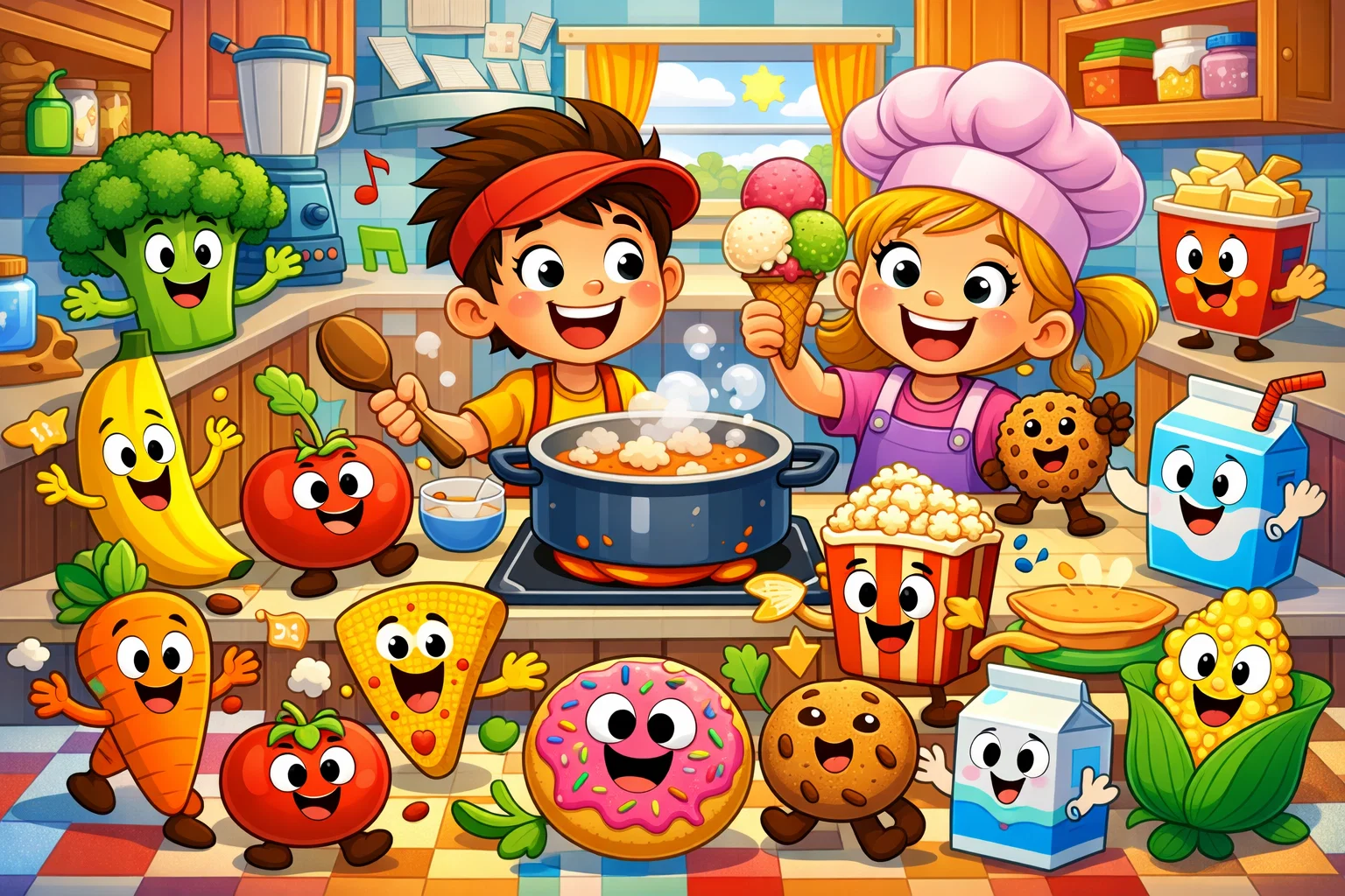 Cartoon of kids in kitchen with animated food items.
