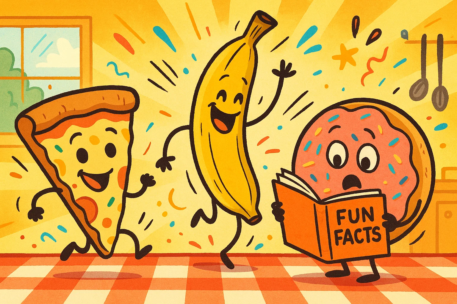 Cartoon of smiling foods showing funny and amazing food fun facts.