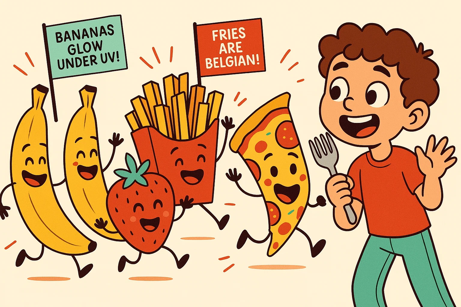 Playful cartoon of food fun facts for 12 year olds with bananas fries and pizza.
