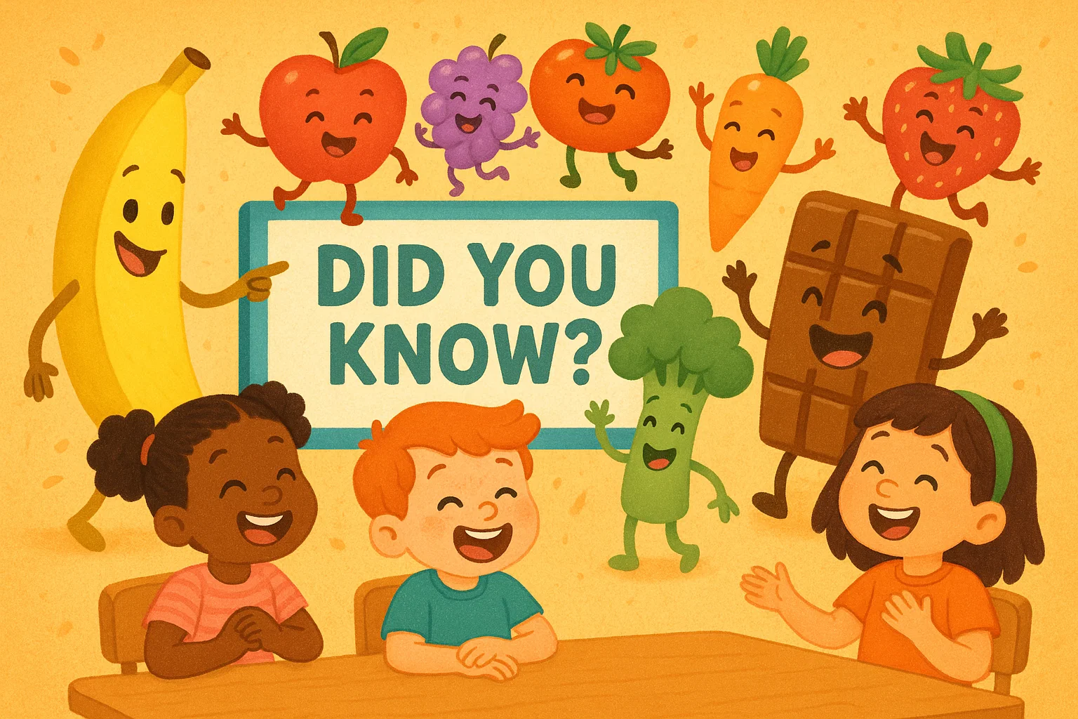 Cartoon showing kids laughing at food fun facts for 7 year olds with fruits.
