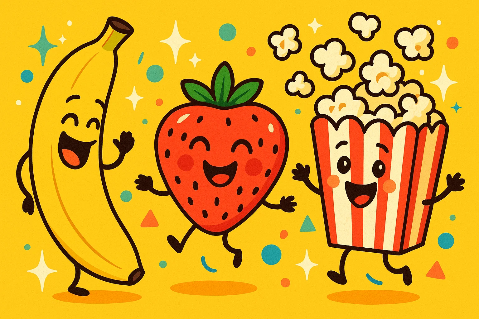 Cute cartoon food characters with fun facts for kindergarten learning.
