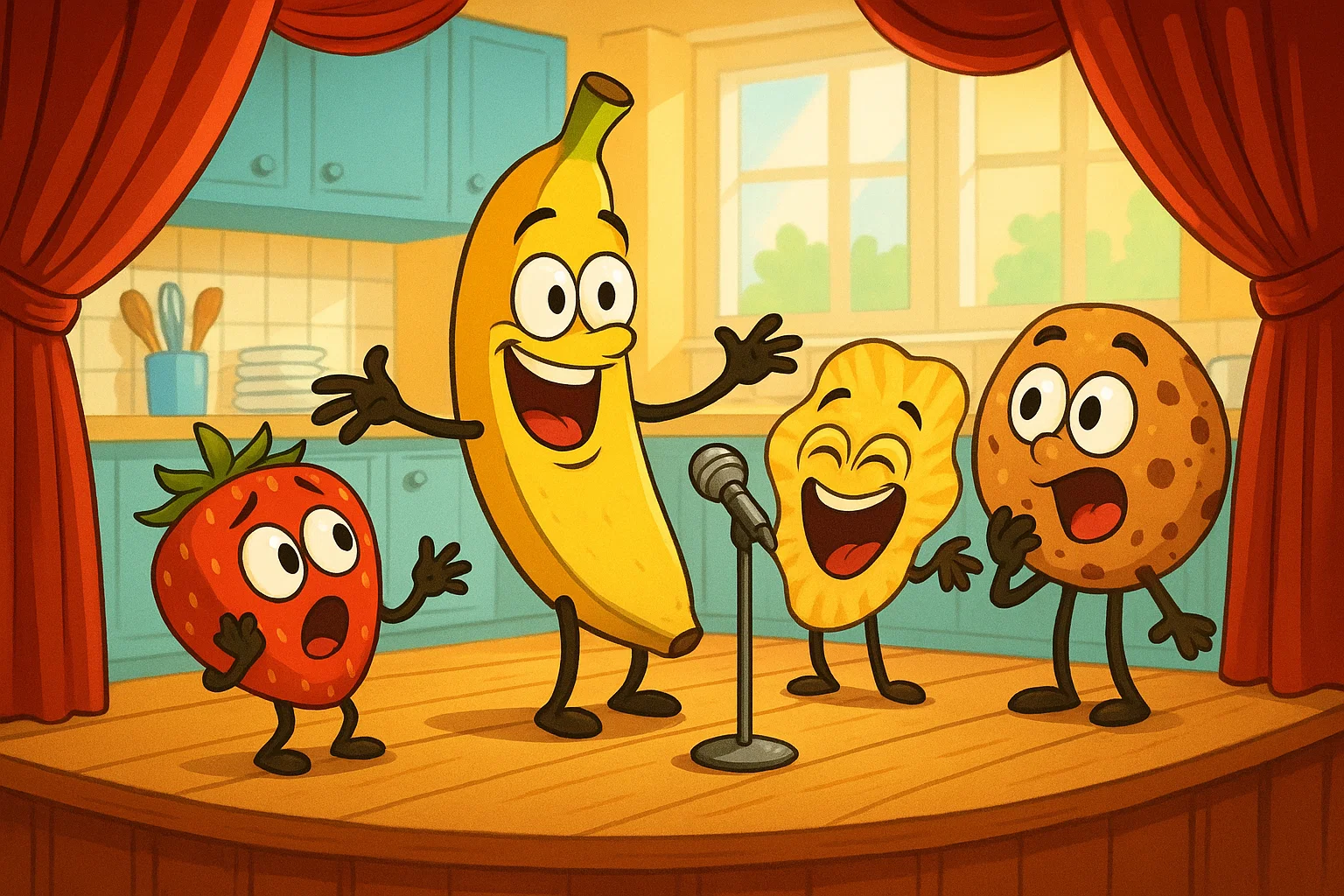 Food characters telling funny food riddles for 11 year olds on stage.