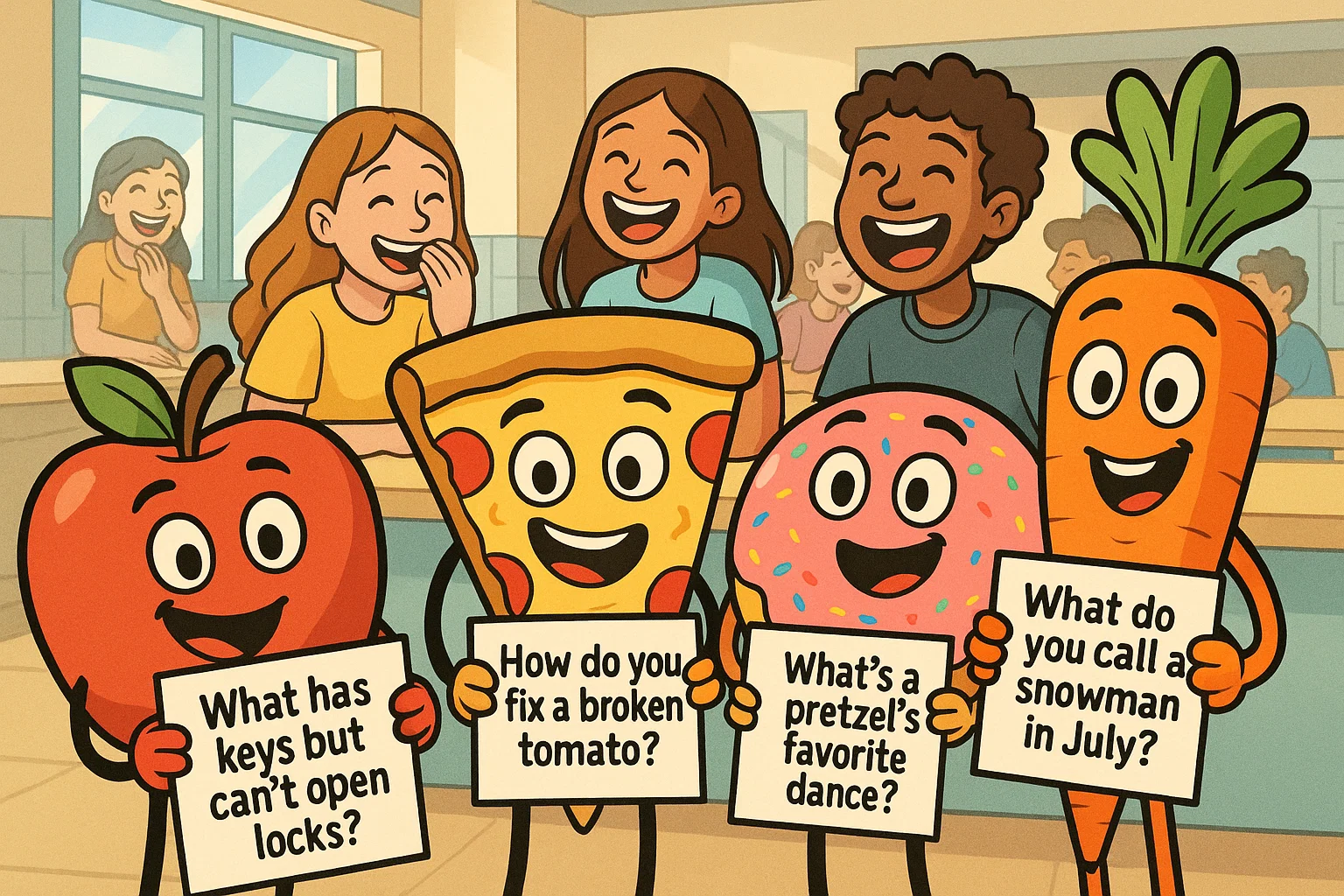 Cartoon of teens solving funny food riddles with talking snacks.

