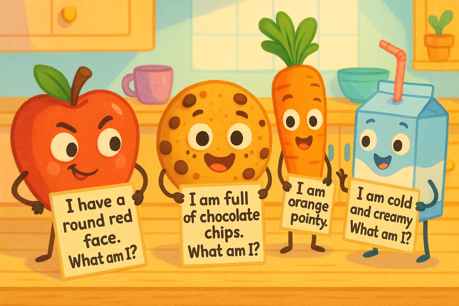 Cartoon fruits and snacks presenting fun food riddles for 9 year olds.