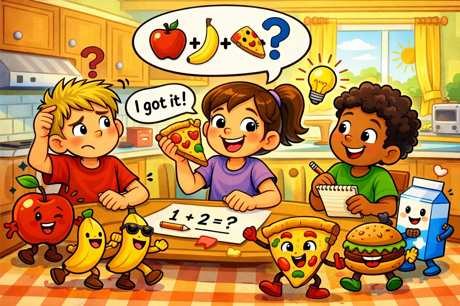 Fun cartoon banner showing kids solving food riddles, with smiling food items like pizza, apples, and fries.
