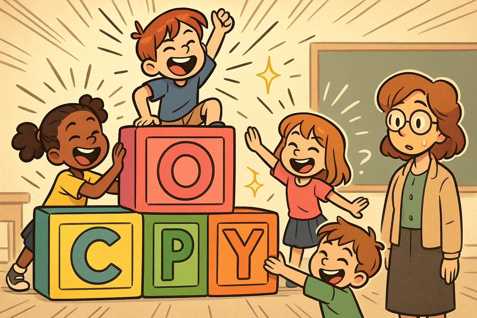 Kids arrange four letter c words funny blocks in a bright cartoon classroom.