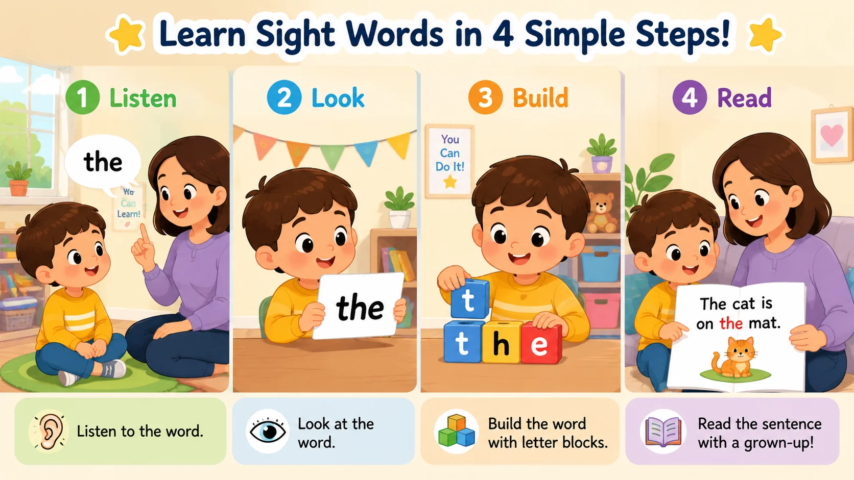 Four steps to learn sight words and phonics with parent and child. 
