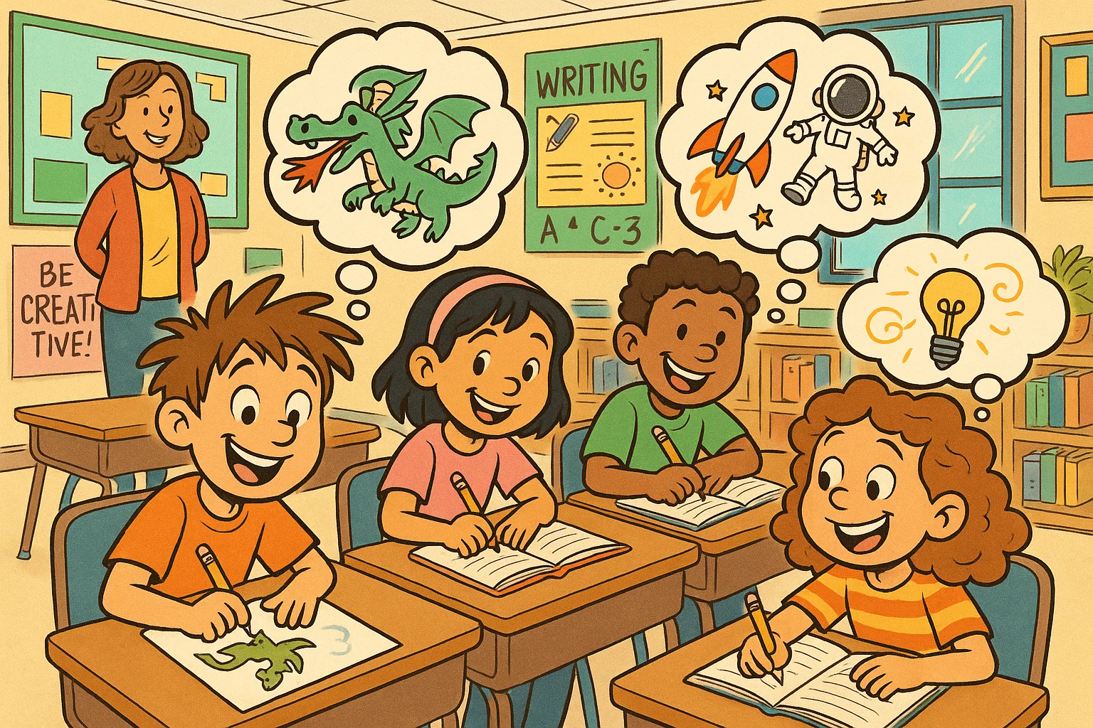 Fourth grade students writing creative stories in a colorful classroom.