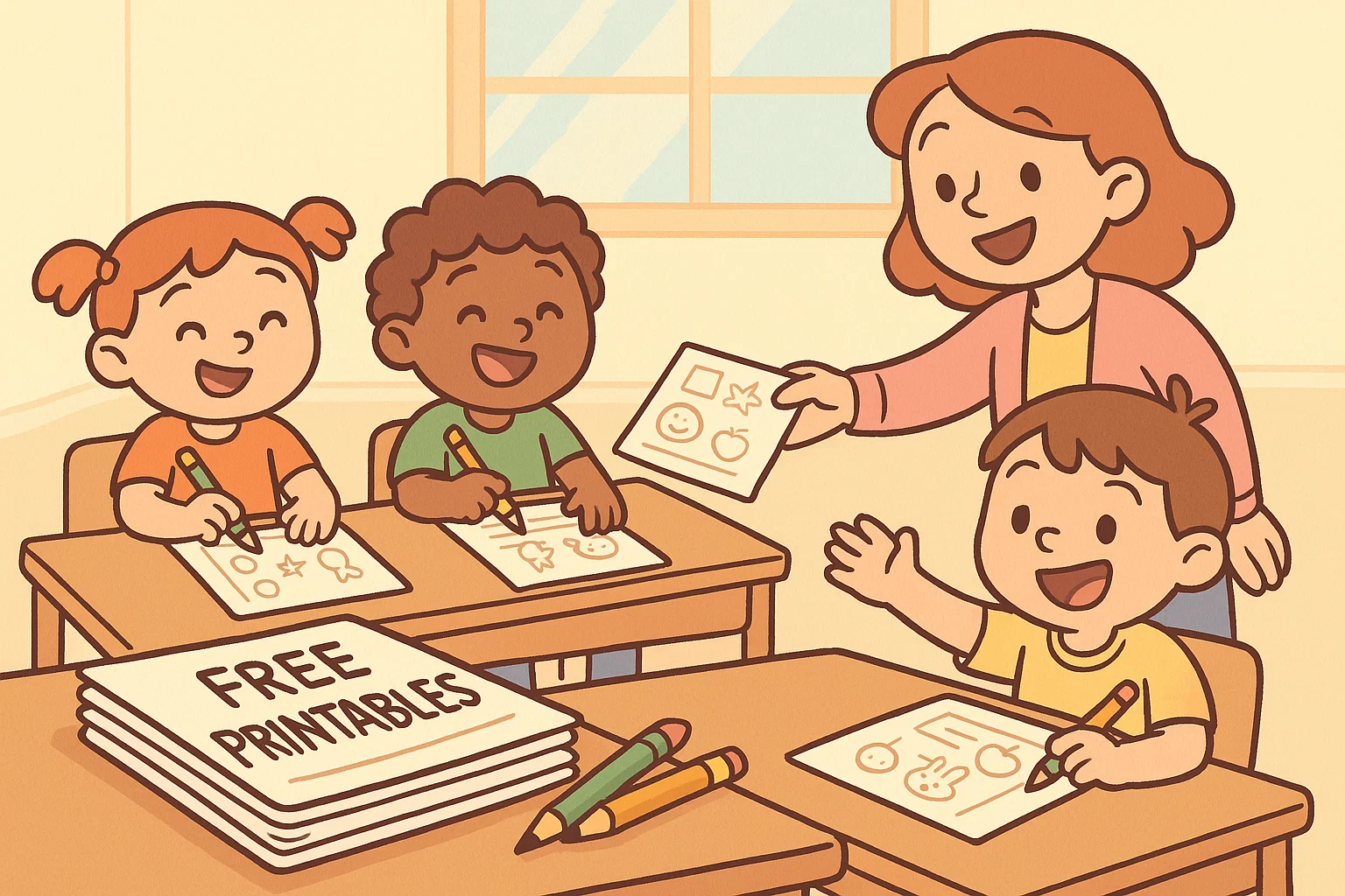 Children using free kindergarten writing prompts worksheets in a bright classroom.