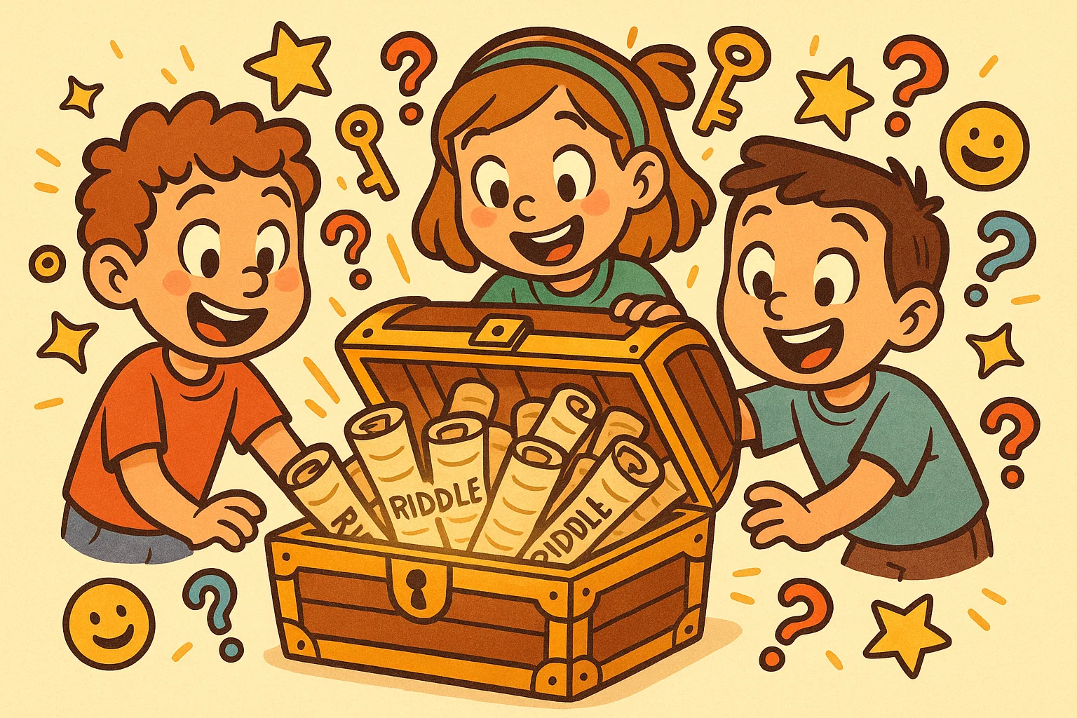 Children opening a treasure chest of free riddles for 8 year olds in a fun cartoon style.