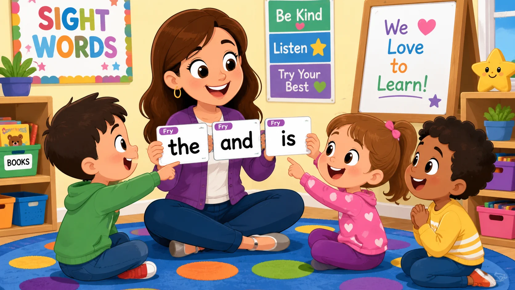 Preschool teacher showing Fry sight words to children in a colorful classroom.
