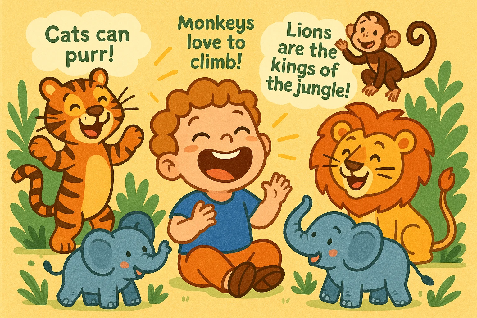 3-year-old child laughing while learning fun facts about animals like lions and cats.