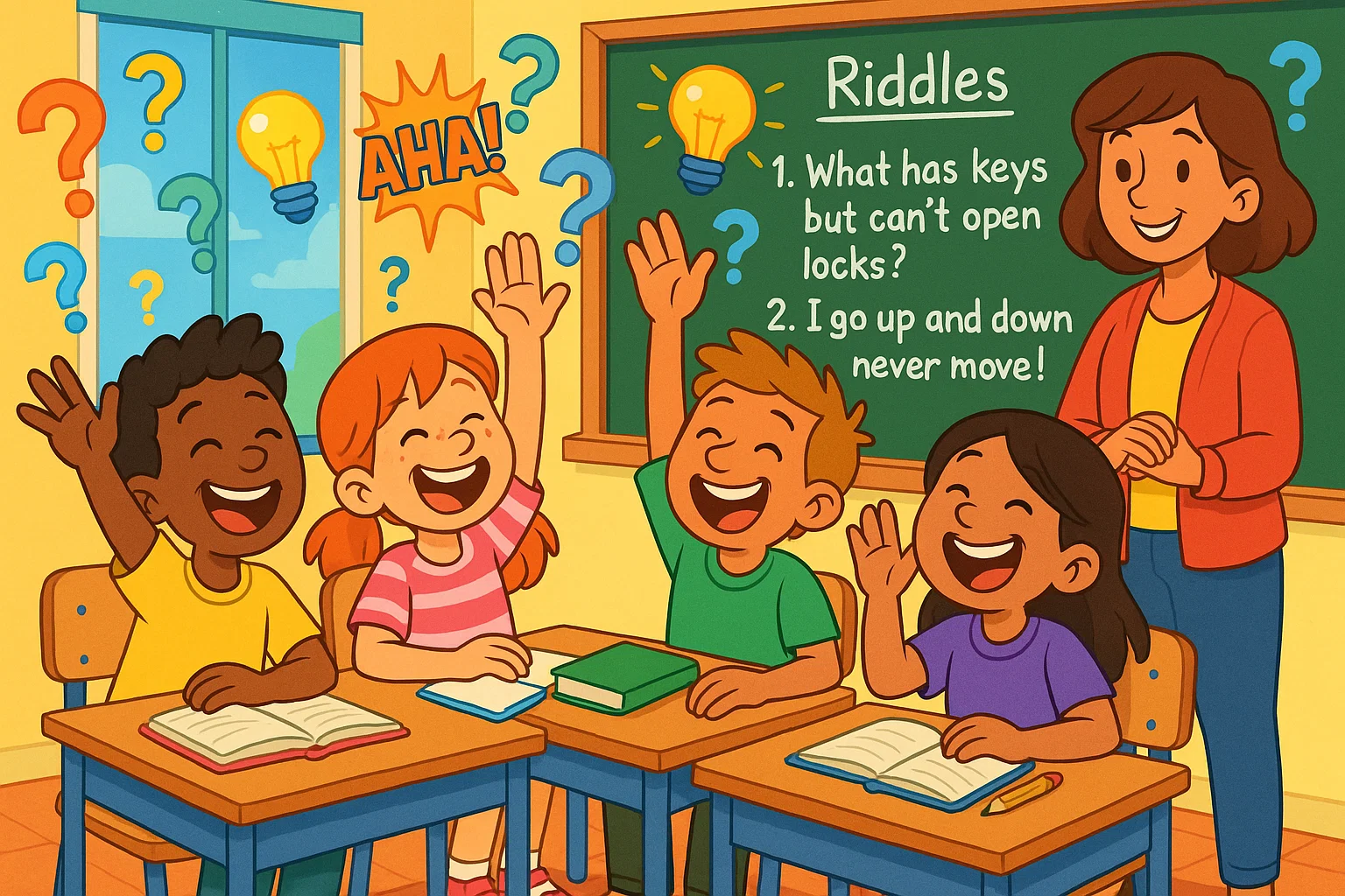 Cheerful students solving fun and clever riddles in a classroom with a smiling teacher.
