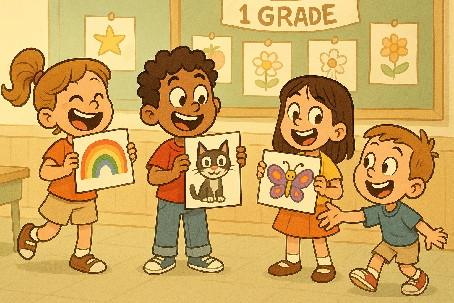 Happy first graders share colorful art projects in classroom during drawing lesson.