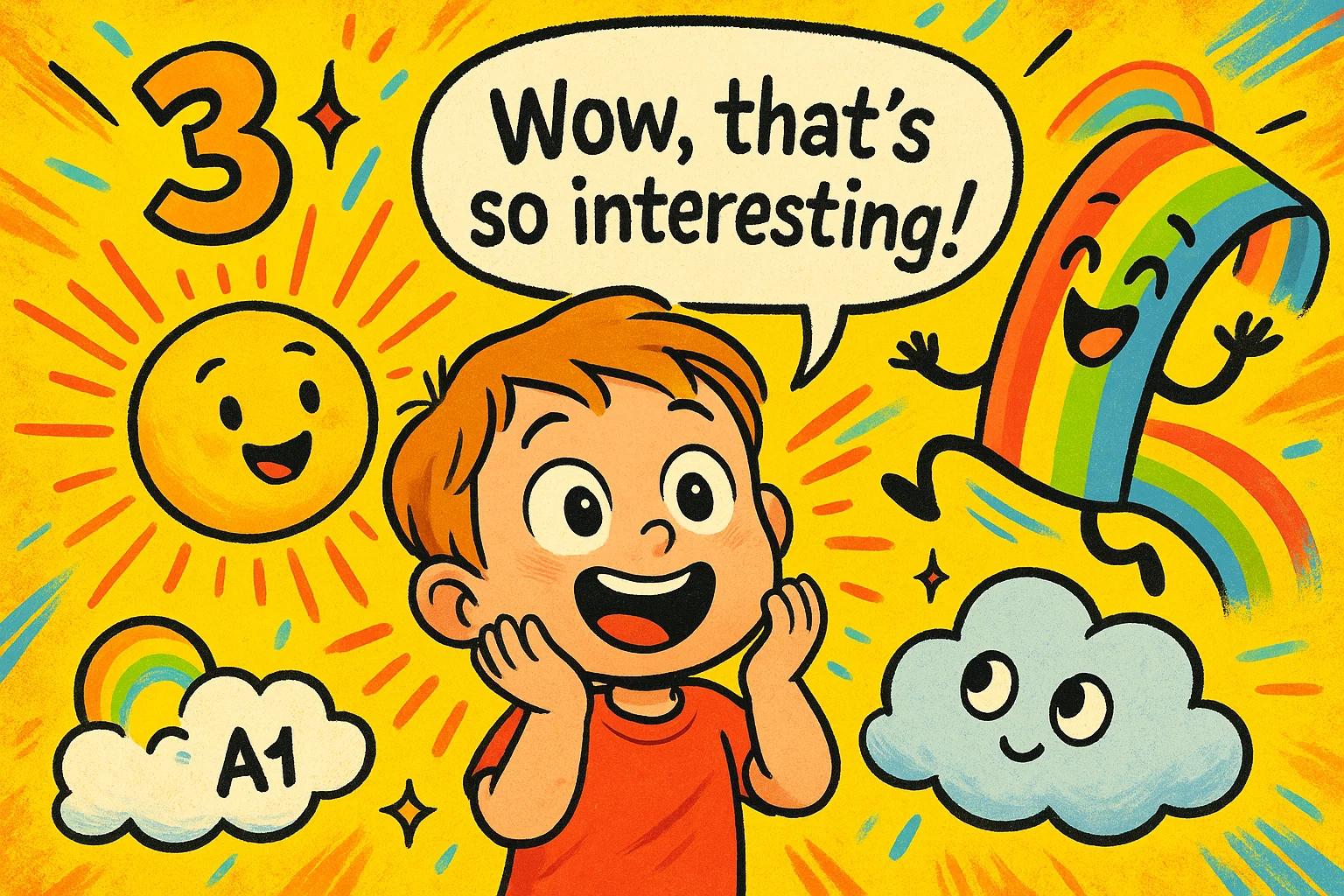 3-year-old child surrounded by fun facts like sun and rainbow, sparking curiosity.