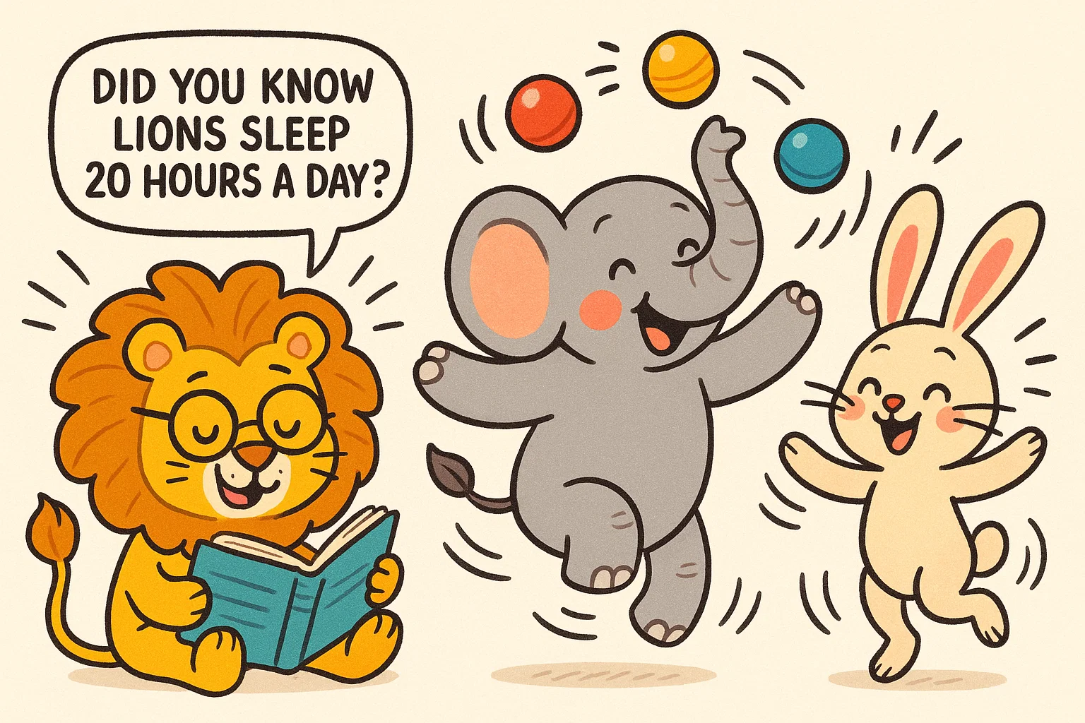 Fun facts about animals, cartoon lion, elephant, and rabbit with kids.
