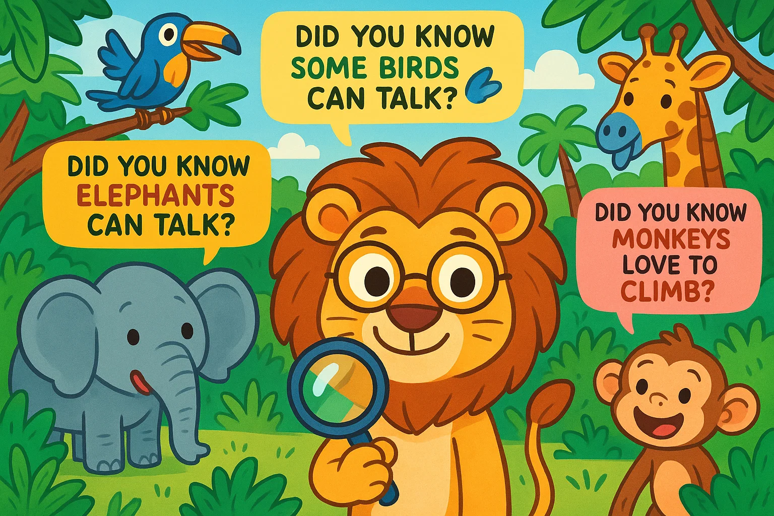 Fun animal facts shared by a cartoon lion and friends in a jungle.