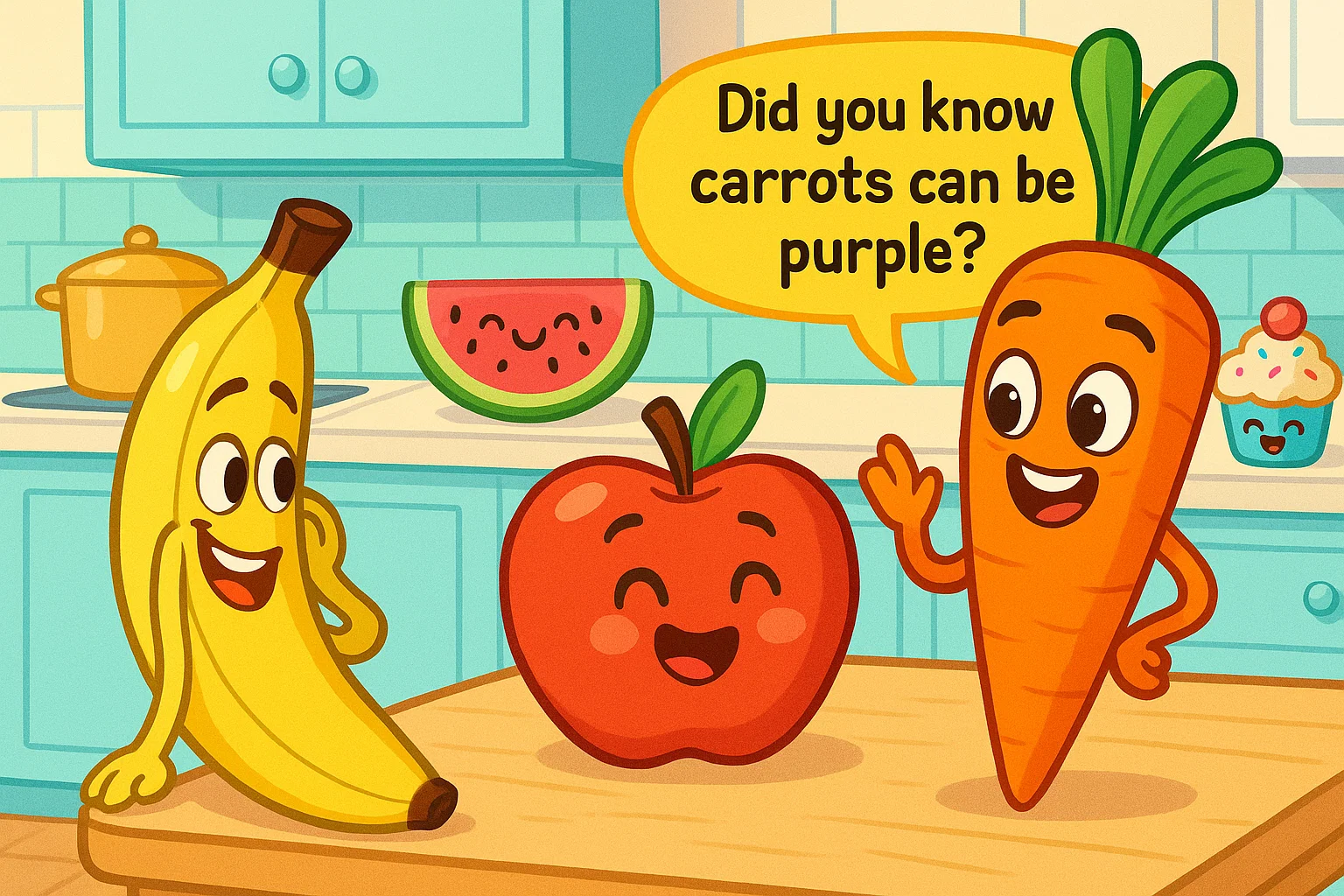 Cartoon fruits like apples and bananas sharing fun food facts in a kitchen.