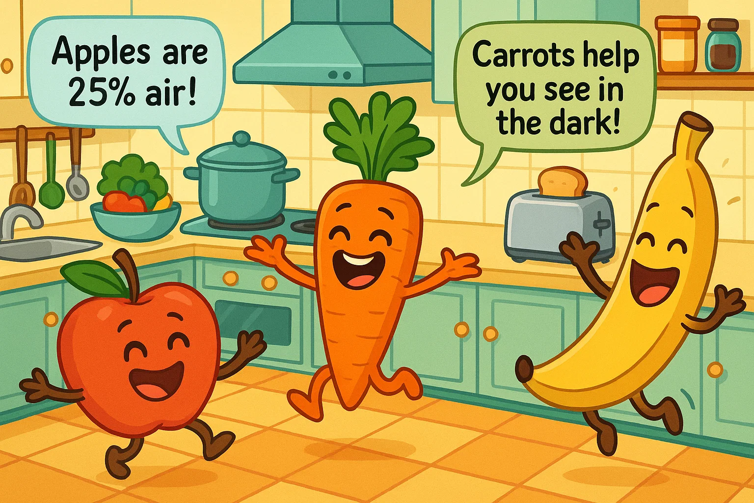 Fun facts about food, dancing apple, carrot, and banana with smiling kids.