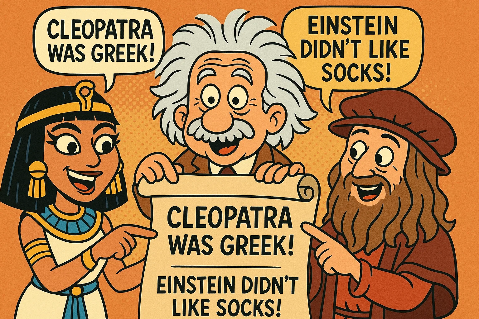 Fun facts about history, cartoon Cleopatra and Einstein with facts.
