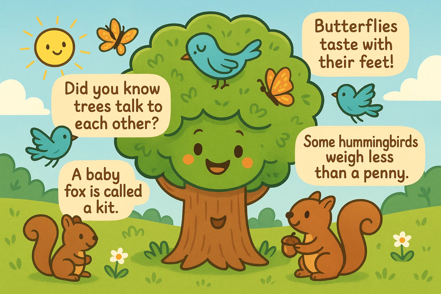 Cartoon tree sharing fun nature facts with animals in a sunny meadow.
