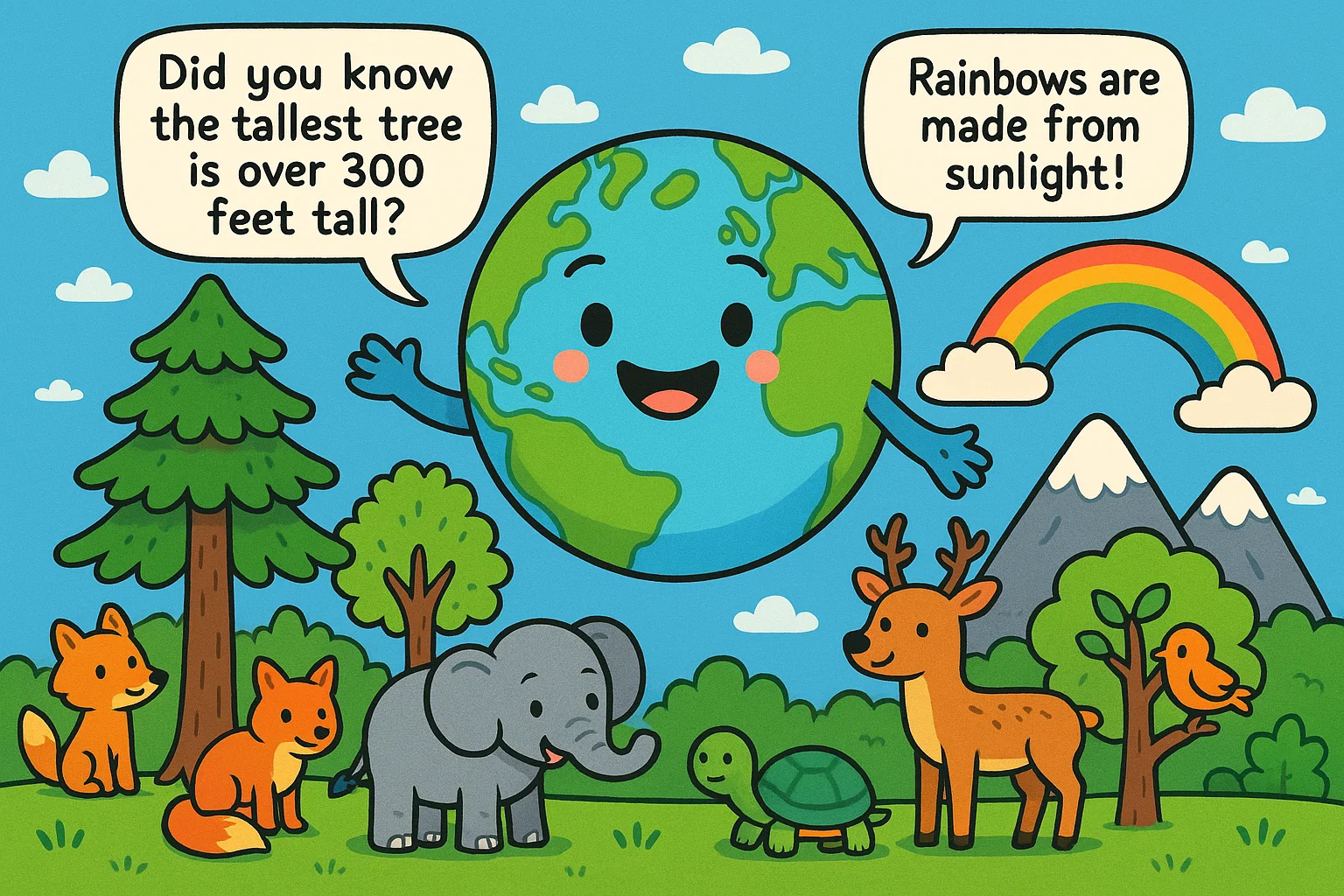 Fun facts about nature, animated Earth, animals, and rainbow with facts.