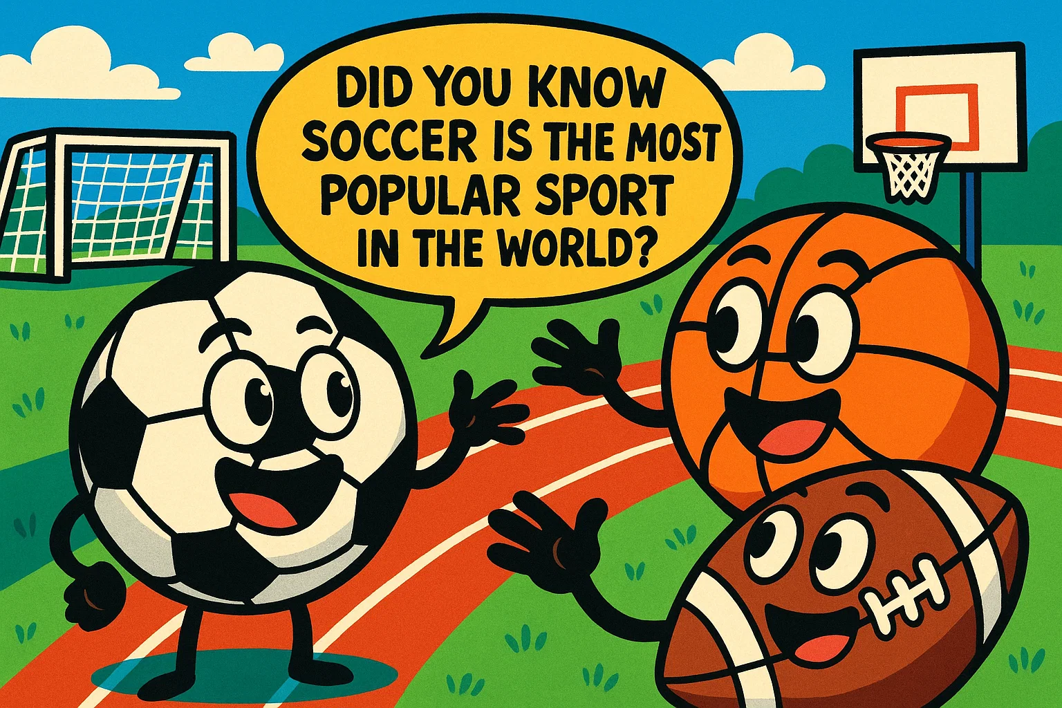 Fun sports facts shared by cartoon soccer, basketball, and football balls.
