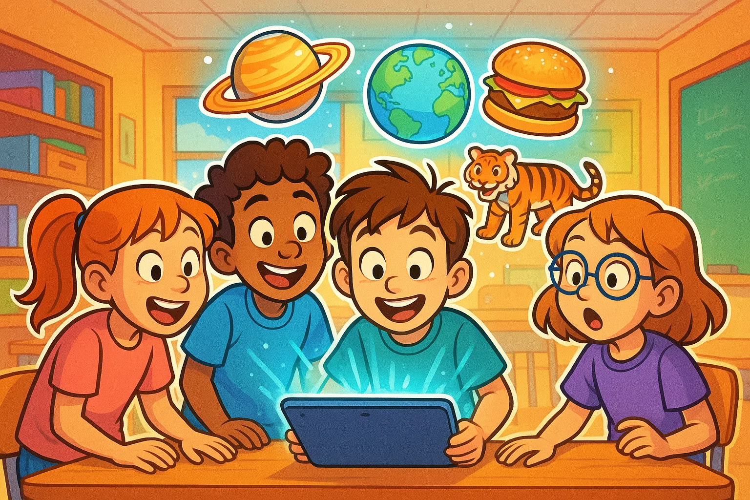 Playful cartoon of 10 year olds amazed by fun facts in a bright classroom