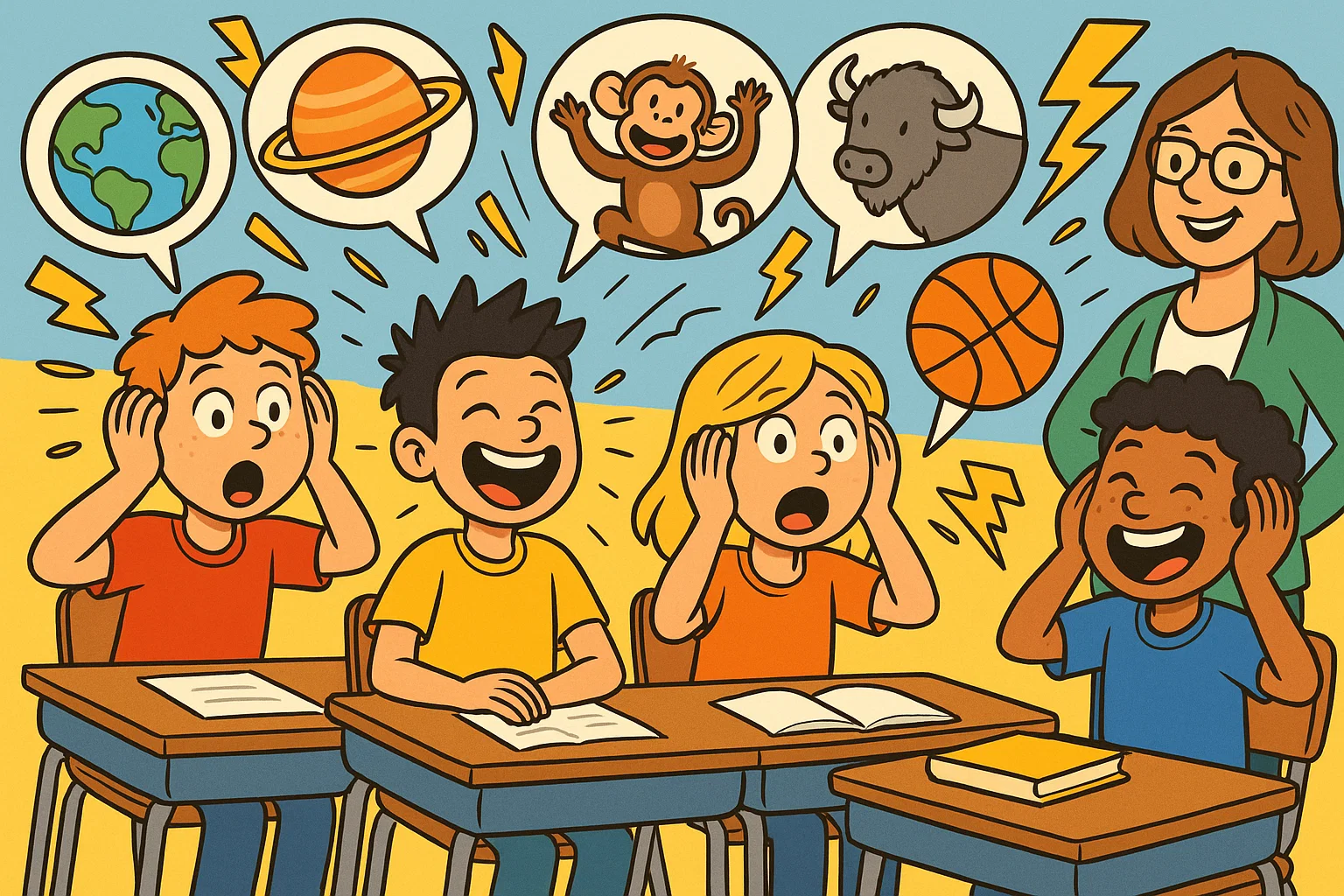 Playful cartoon of 12 year olds amazed by fun facts in a colorful classroom.