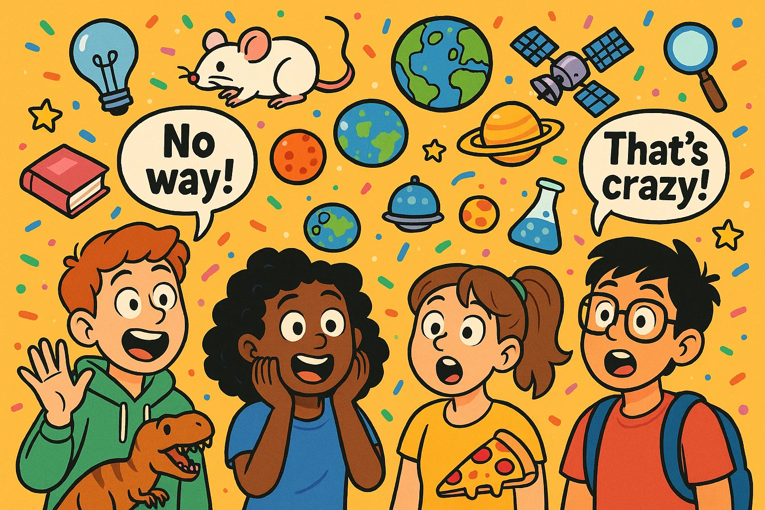 Cartoon of 13 year olds reacting to fun facts with amazed faces and colorful icons.