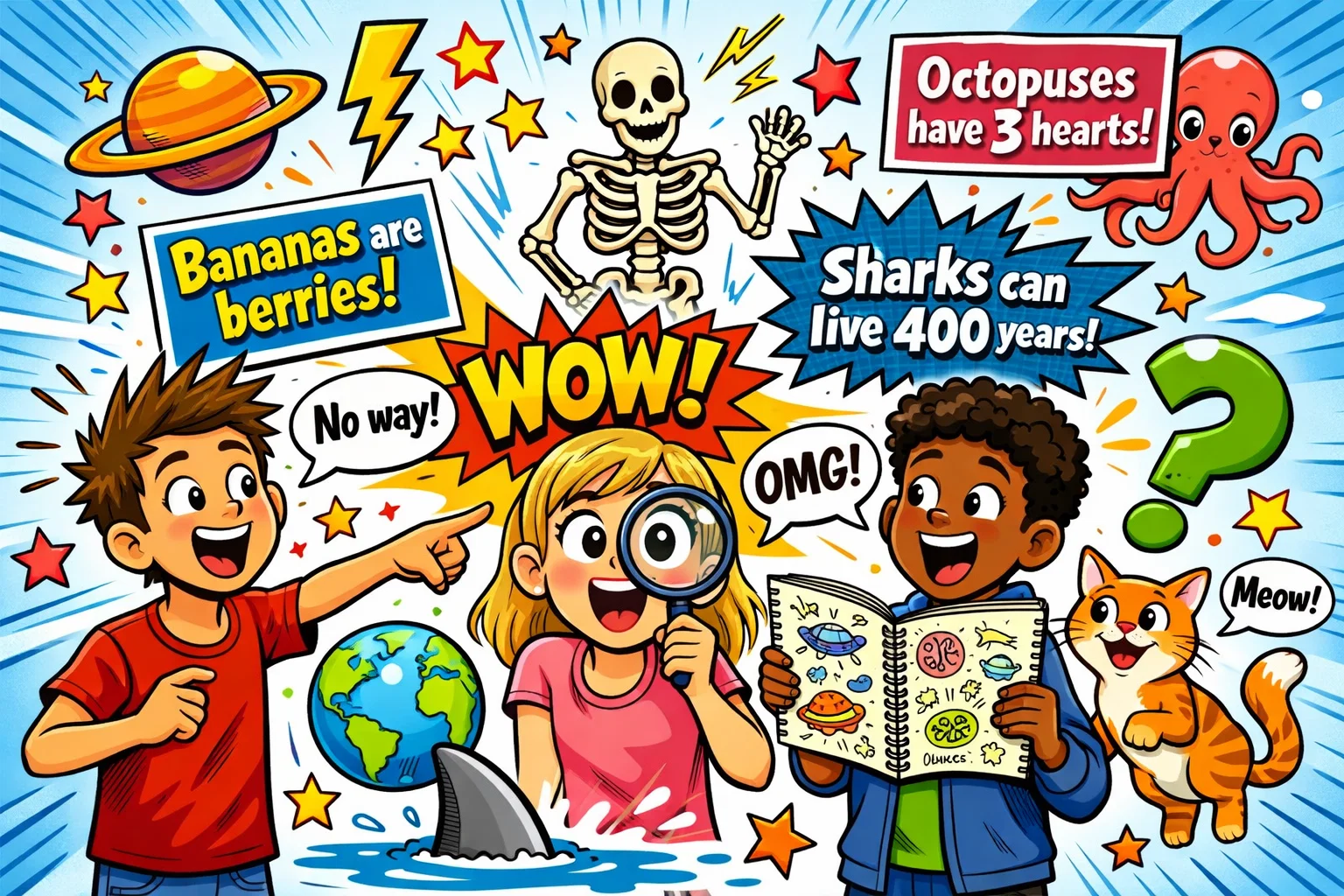 Teenagers discovering cool, weird, and smart fun facts in a playful cartoon style.