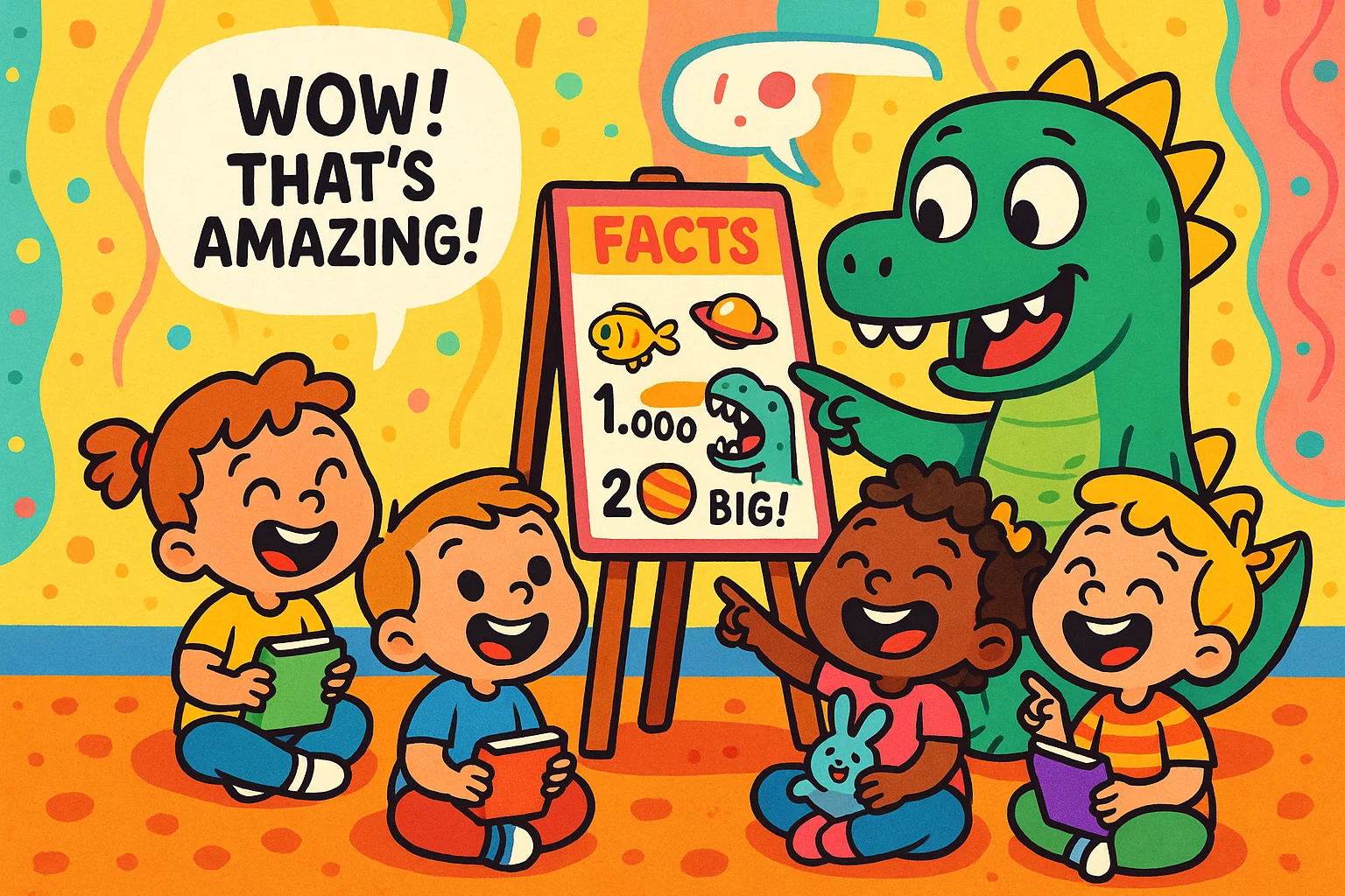 Fun facts for 4-year-olds being shared by a friendly cartoon character.