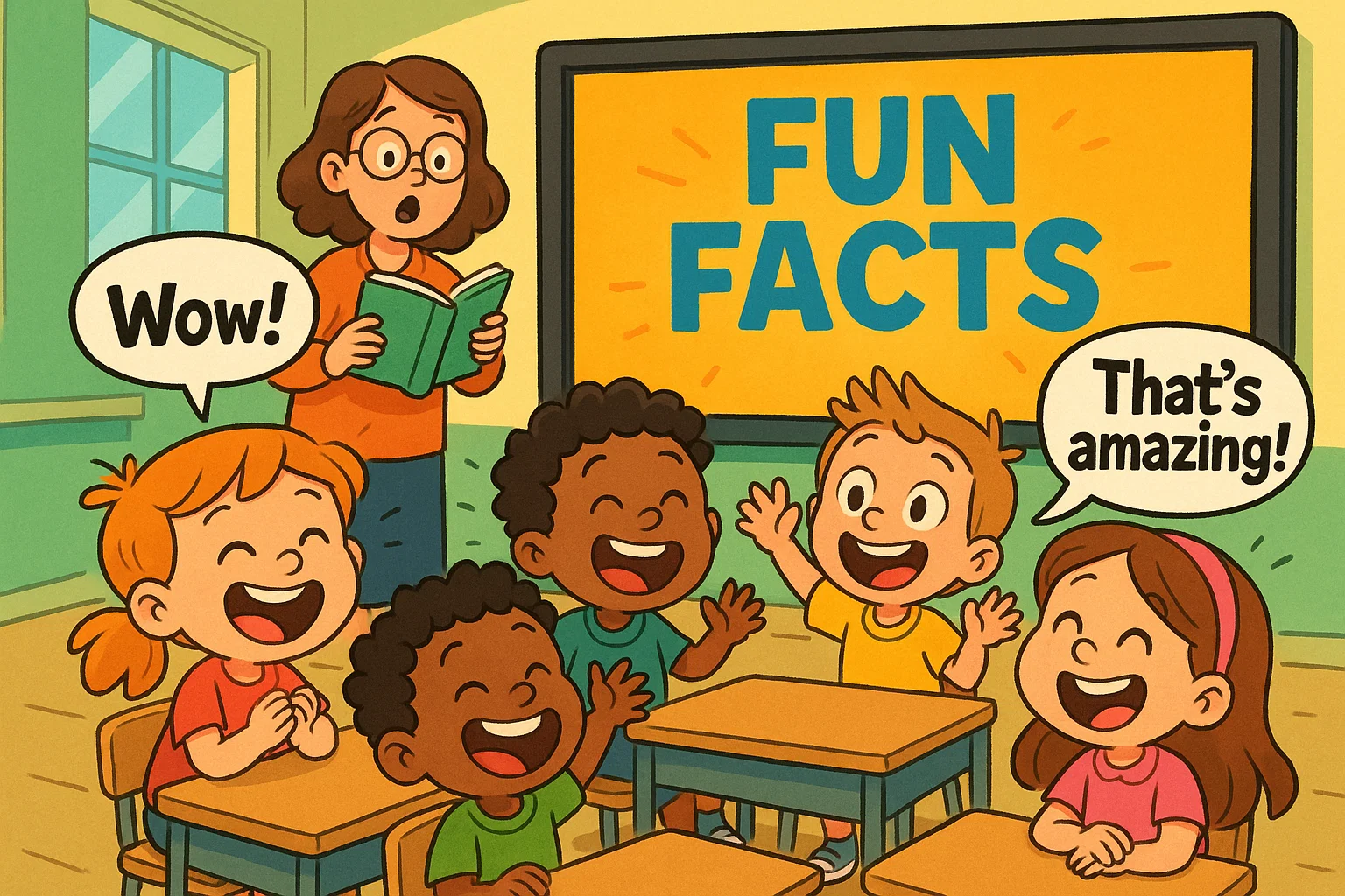 Fun facts for 5-year-olds, classroom full of smiling kids and surprised teacher.