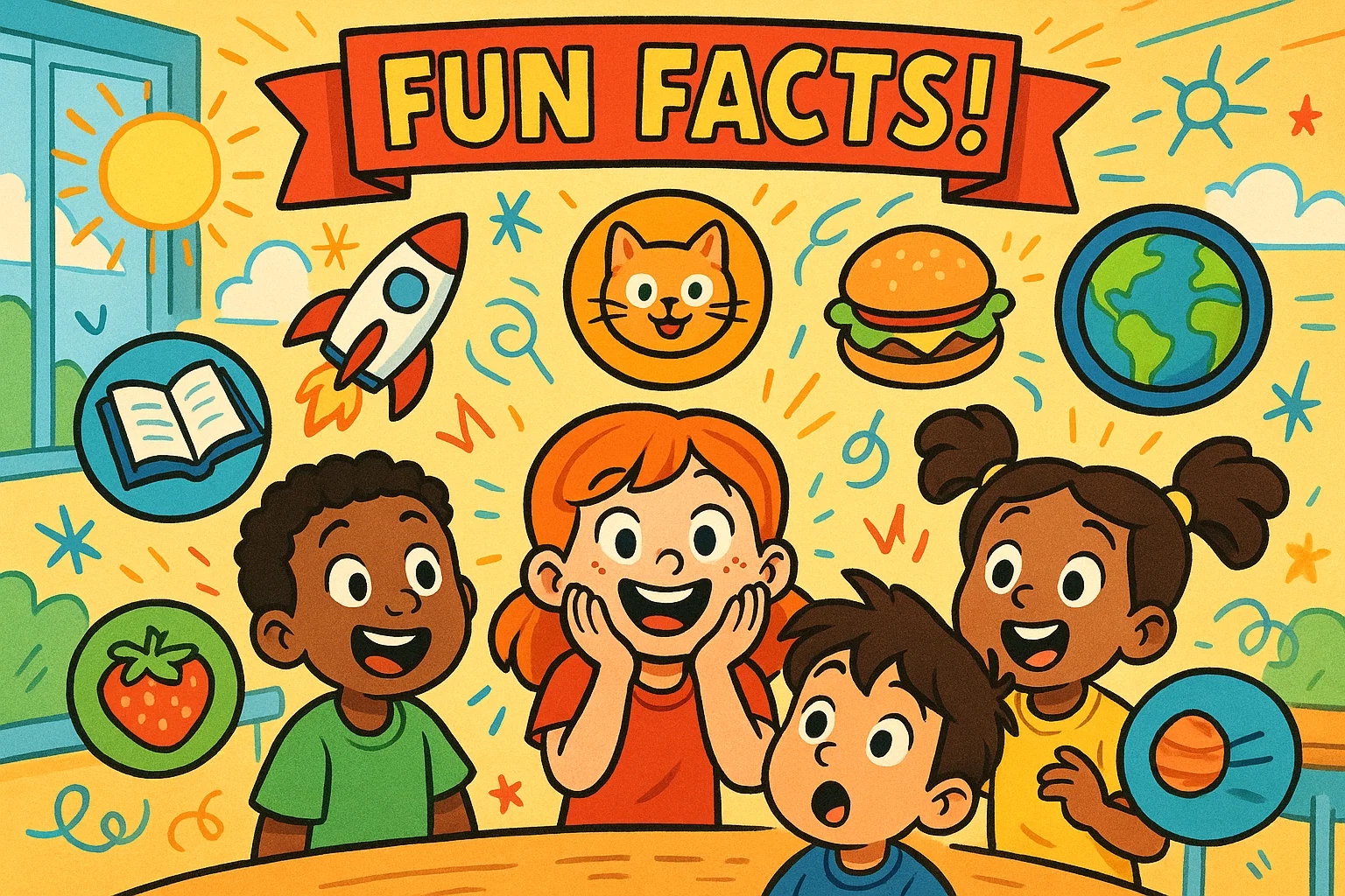 Kids discovering fun facts for 7 year olds in a colorful cartoon scene.