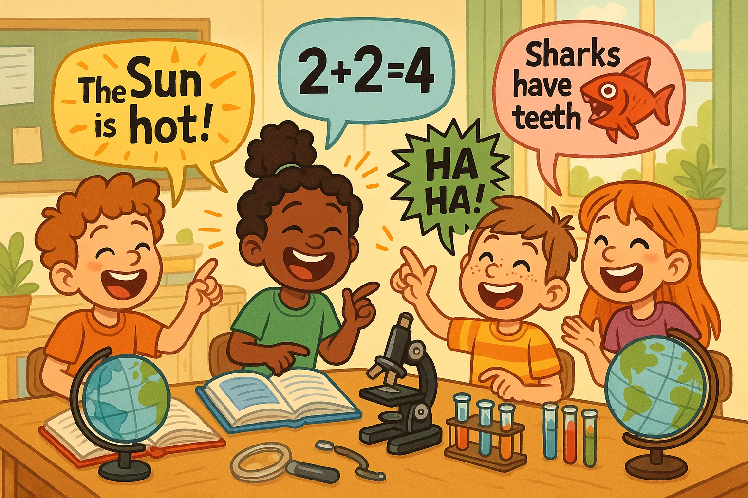 Playful cartoon of kids learning fun facts for 9 year olds in classroom.